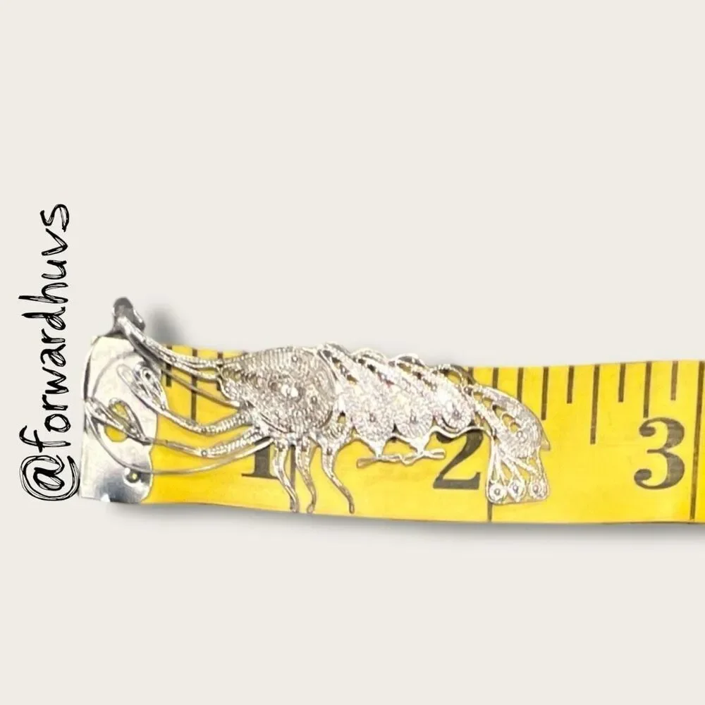 Antique 900 Silver Filigree Shrimp Brooch – Handcrafted – C-Clasp